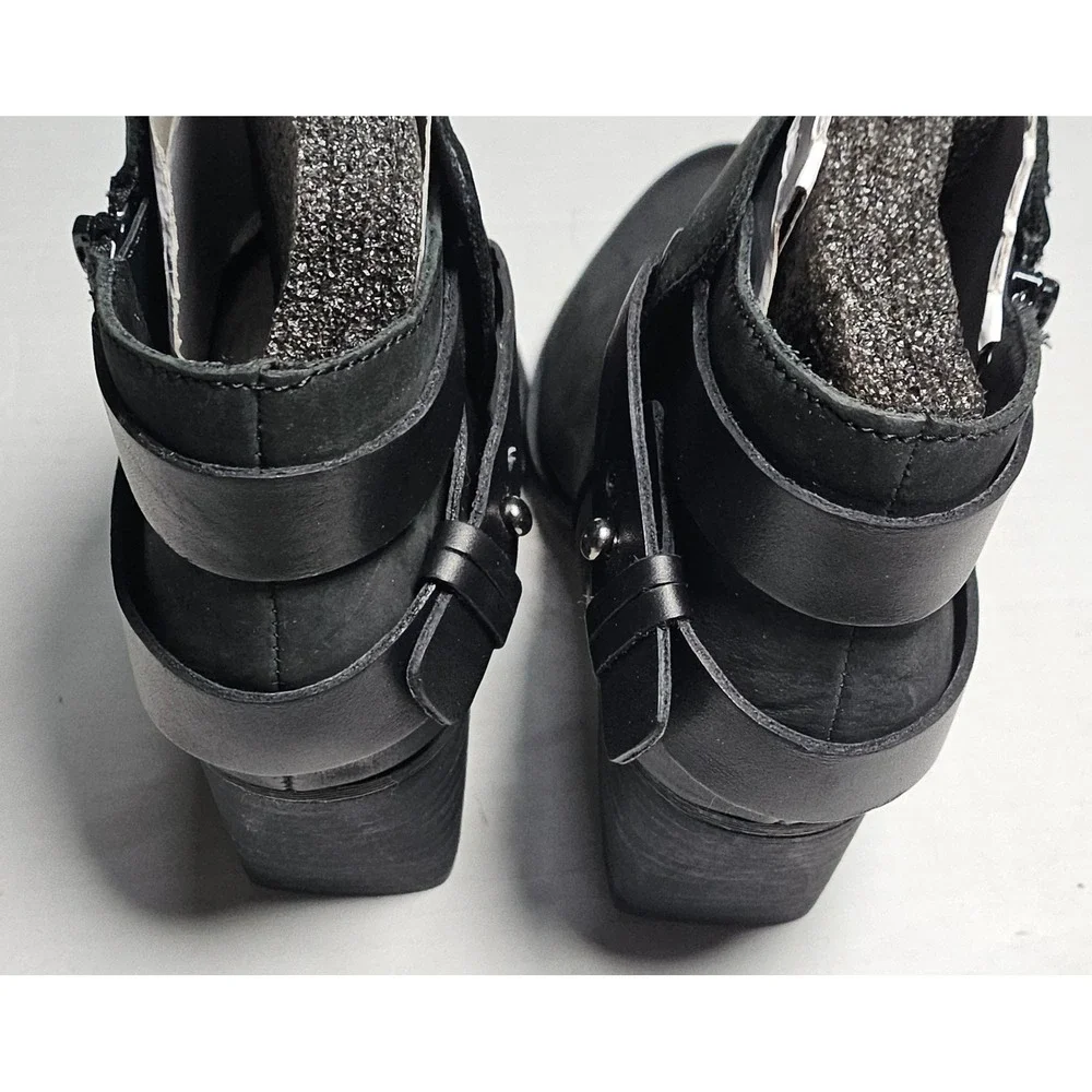 Sole Society Angie Black Leather Ankle Boots Block Heel Side Zip Buckle Womens 5